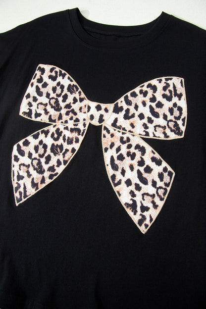 Leopard Bow Embroidered Cotton Round Neck T Shirt