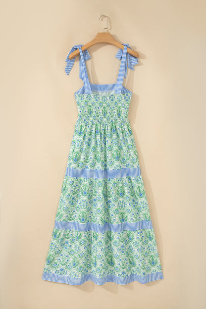 Geometric Floral Print Striped Patchwork Detail Sleeveless Dress