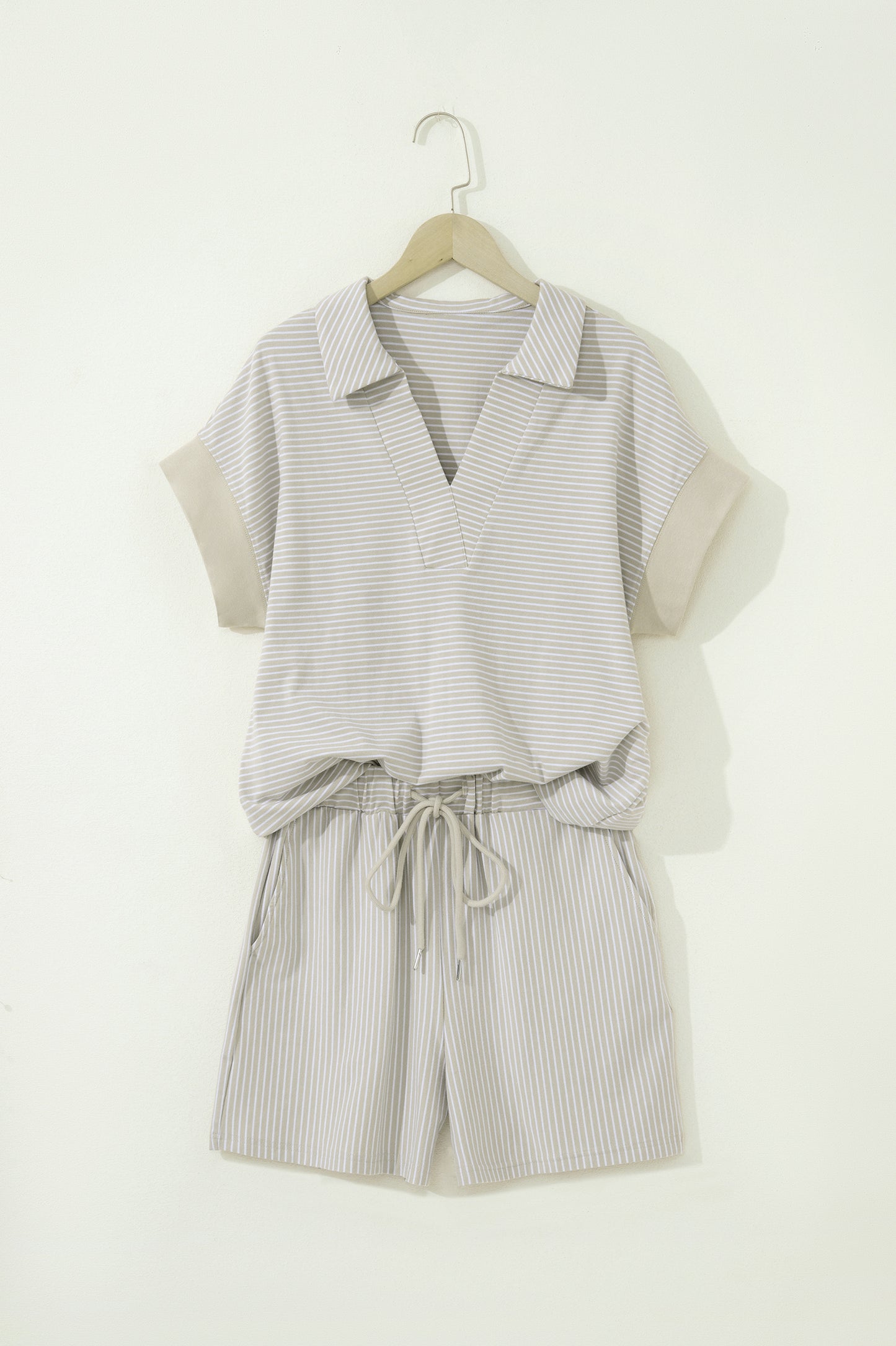 Stripe Dolman Sleeve Polo Shirt and Drawstring Shorts Set