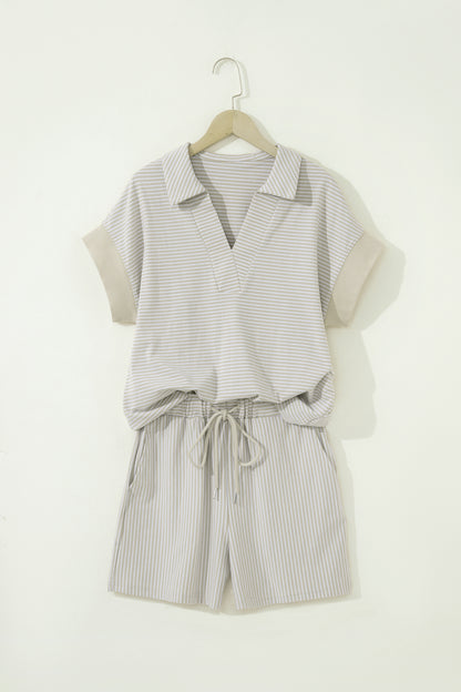 Stripe Dolman Sleeve Polo Shirt and Drawstring Shorts Set