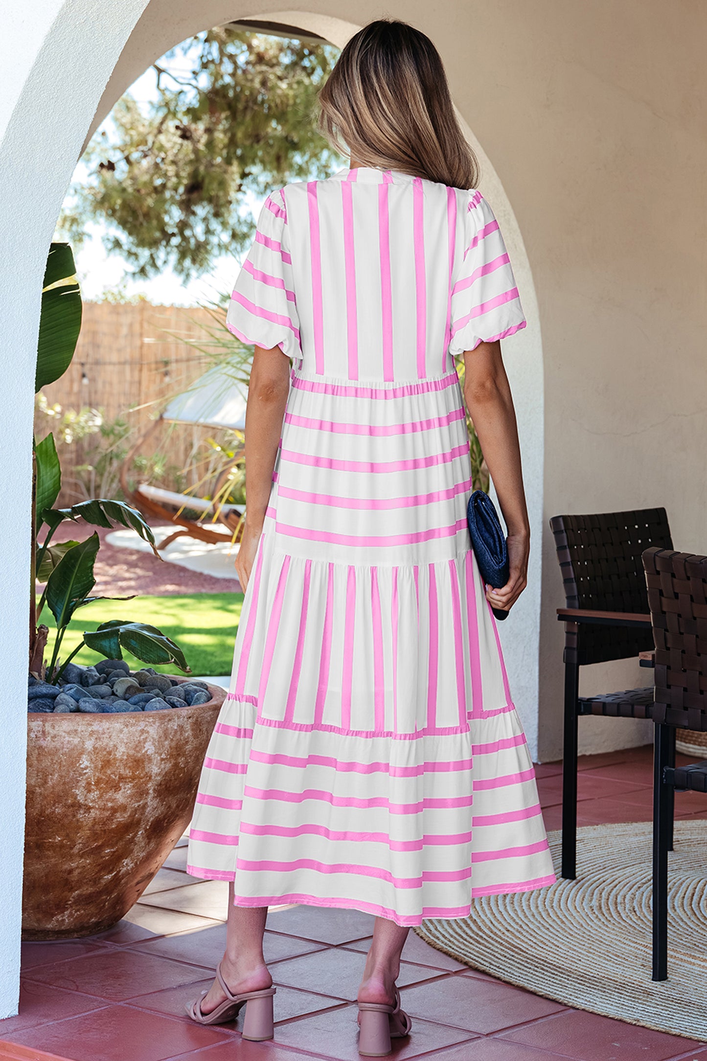 Stripe Ricrac Trim Notched Neck Half Sleeve Vacation Dress
