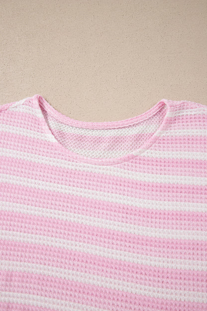 Pink Striped Print Waffle Knit T Shirt