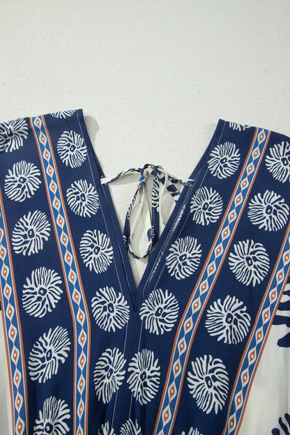 Blue Boho Floral Print Contrast Patchwork V Neck Dolman Maxi Dress