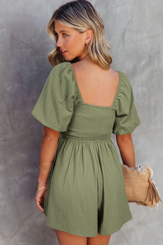 Square Neck Ruched Puff Sleeve Romper
