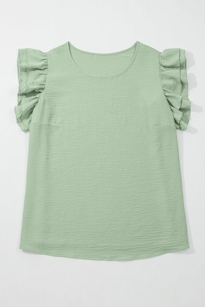 Clearly Aqua Plus Size Crew Neck Ruffle Sleeve Top