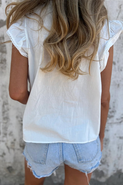 Lace Detail Flutter Sleeve Pleated Round Neck Blouse