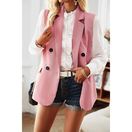 Solid Front Open Button Pocket Sleeveless Suit | Blouse - Women's | short sleeve top, vest | Elings