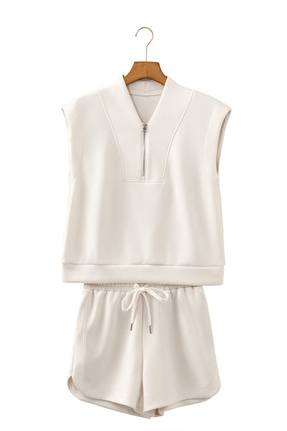 Quarter Zip Sleeveless Top Drawstring Shorts Casual 2pcs Outfit