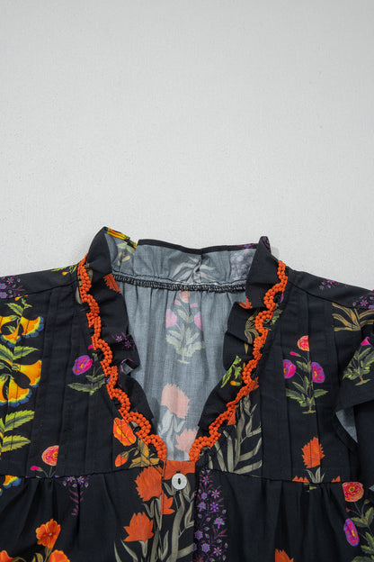 Black Floral Print Lace Trim Frilled V Neck Short Sleeve Shirt