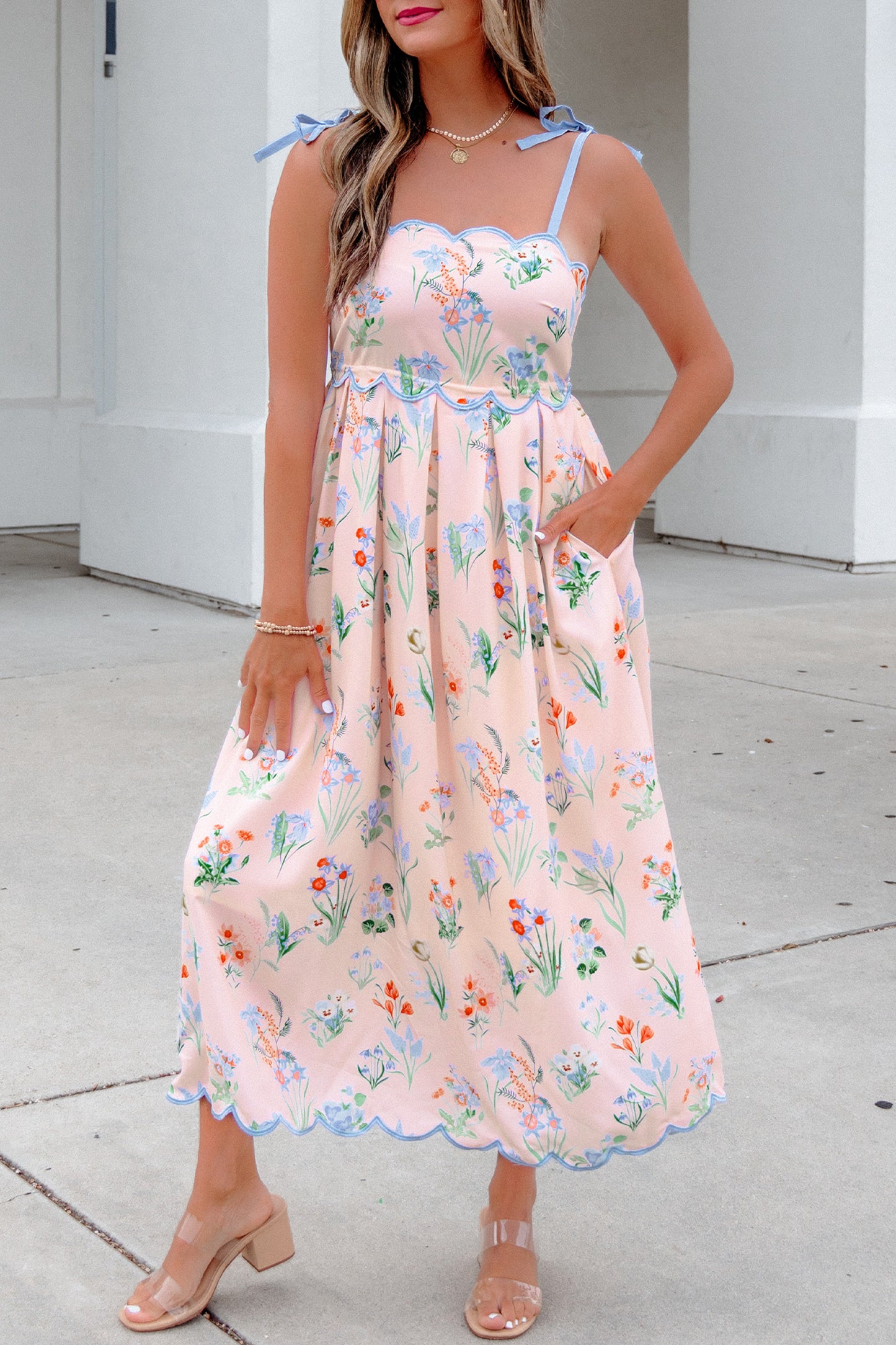 Floral Print Contrast Trim Self-tie Straps High Waist Midi Dress