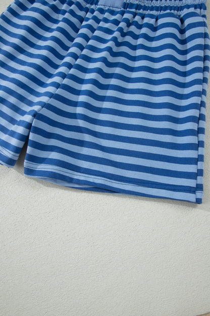 Striped Ribbed Cotton Two-Piece Short Set with Chest Patch Detail