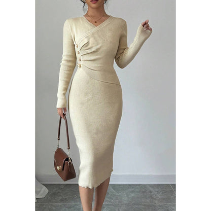 Solid Cross Wrap Knit Button Trim Bodycon Sweater | Knit Sweater - Women's | F, midi dress, new arrival, shoppe247, Sweaters | Elings