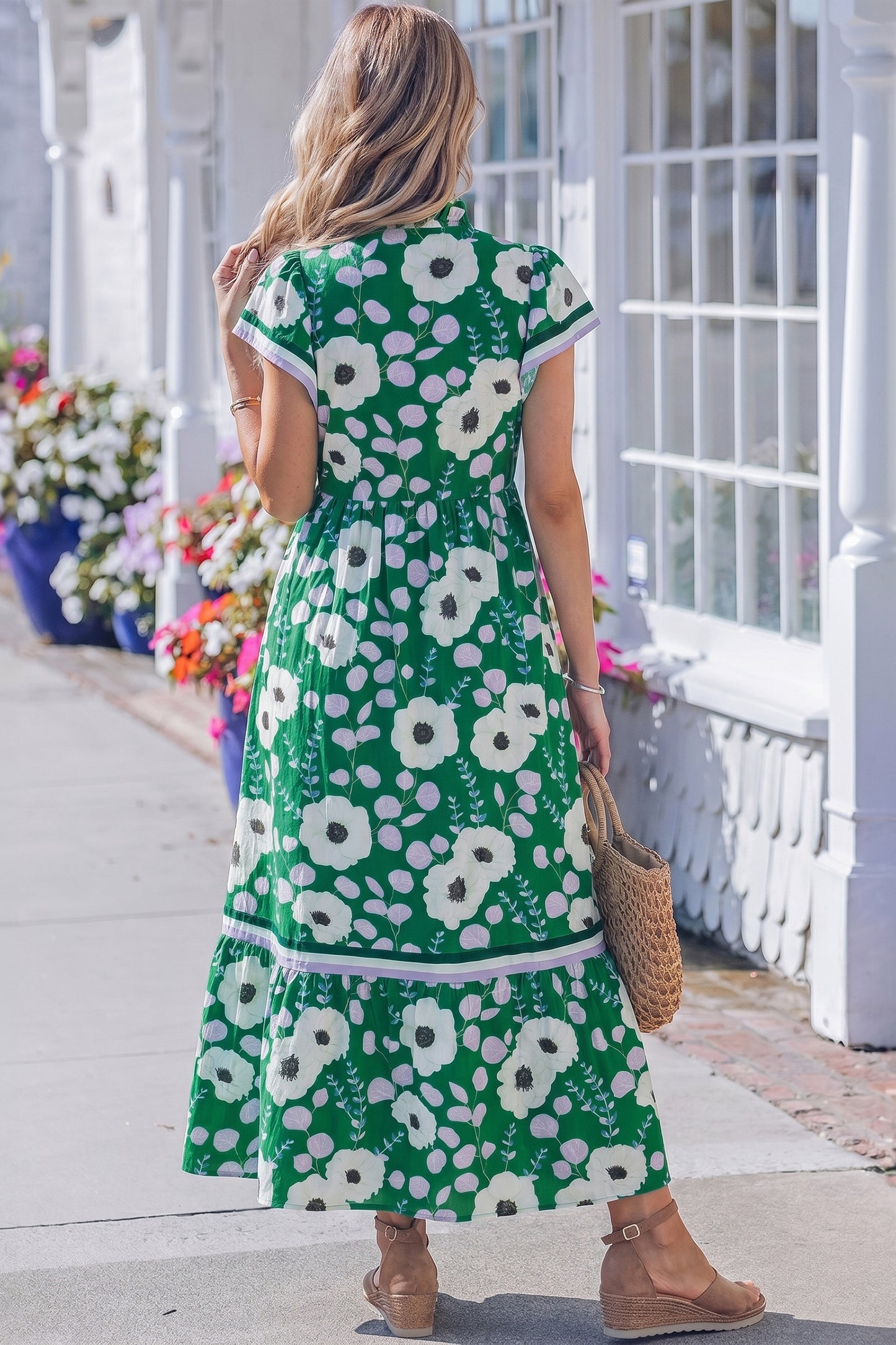 V Neck Ruffled Short Sleeve Flower Maxi Dress