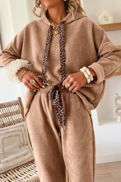 Lace Drawstring Pullover Hoodie and High Waist Pants Corduroy Suit