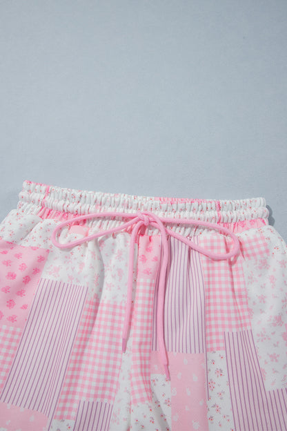 Patchwork Floral Print Drop Shoulder Baggy Pullover Drawstring Shorts Set