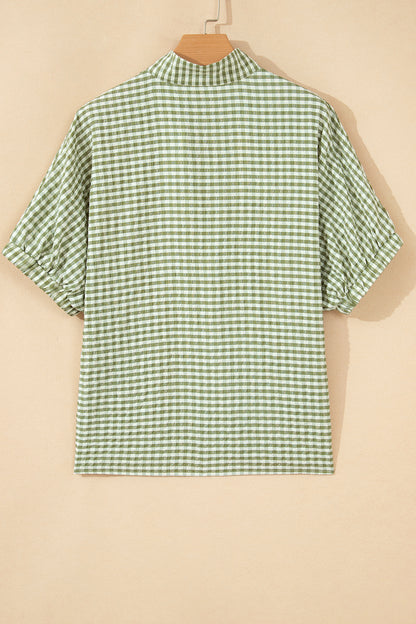 Plaid Short Sleeve Colorblock Trim Split Neck Blouse