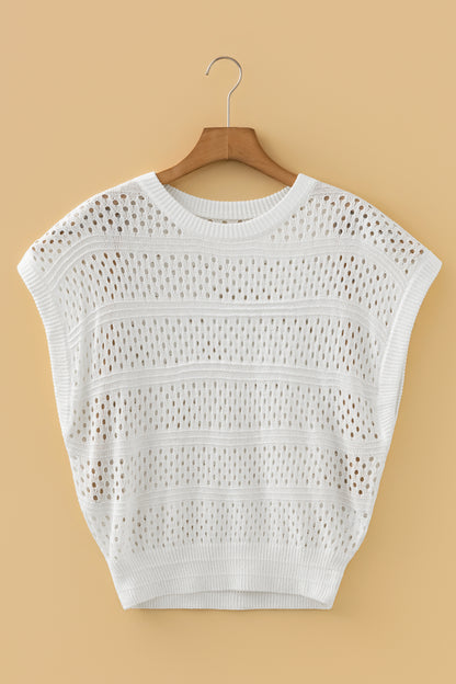 White Hollow Out Knit Round Neck Dolman Sweater