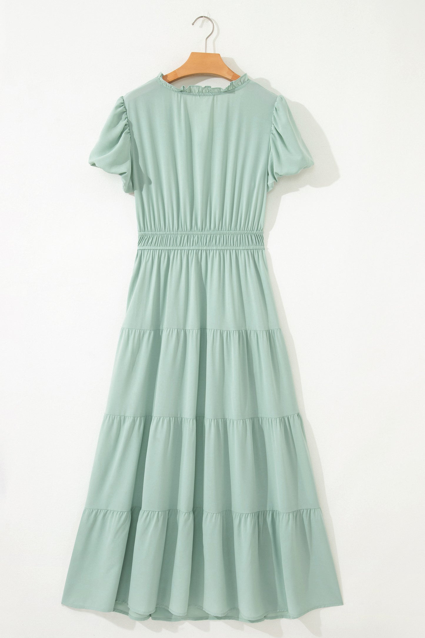 Solid Color V Neck Short Puff Sleeve High Waist Tiered Maxi Dress