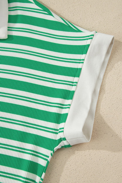 Stripe Collared V Neck Short Sleeve T Shirt Midi Dress with Pockets