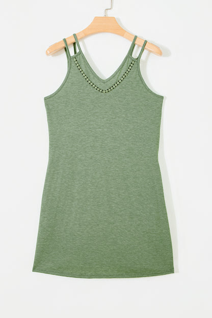 Grass Green Solid Color Lace Detail V Neck Sleeveless Shift Mini Dress