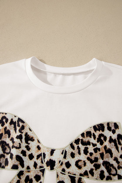 Contrast Leopard Bow Patched Short Sleeve T Shirt Long Dress