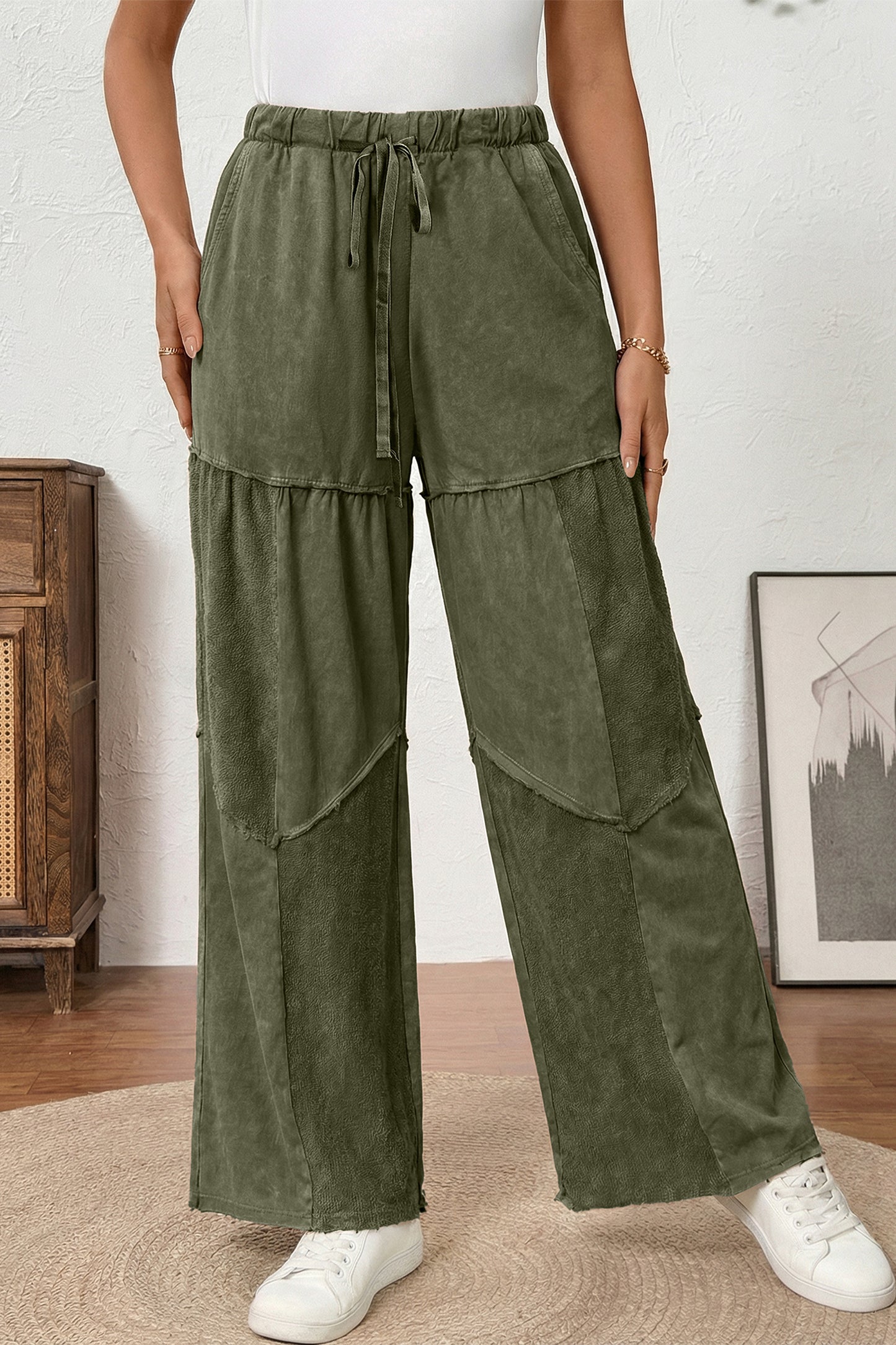 Wild Ginger Careys Mineral Wash Tiered Wide Leg Patchwork Drawstring Pants