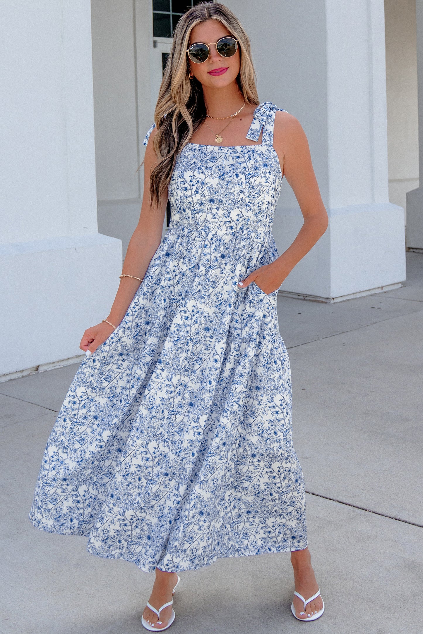 Floral Print Knot Straps High Waist Flared Maxi Dress