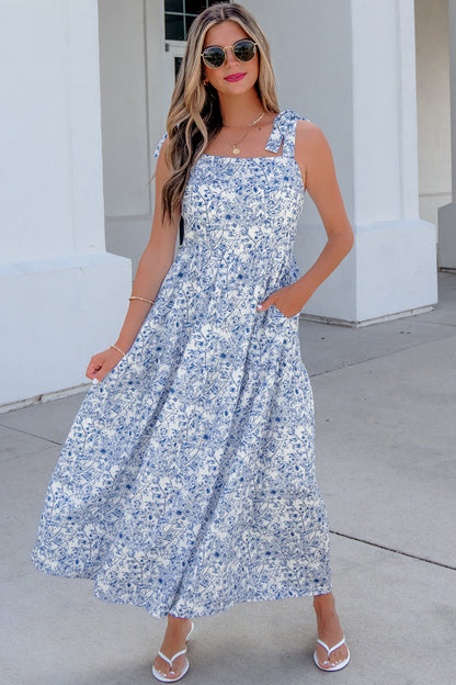 Floral Print Knot Straps High Waist Flared Maxi Dress