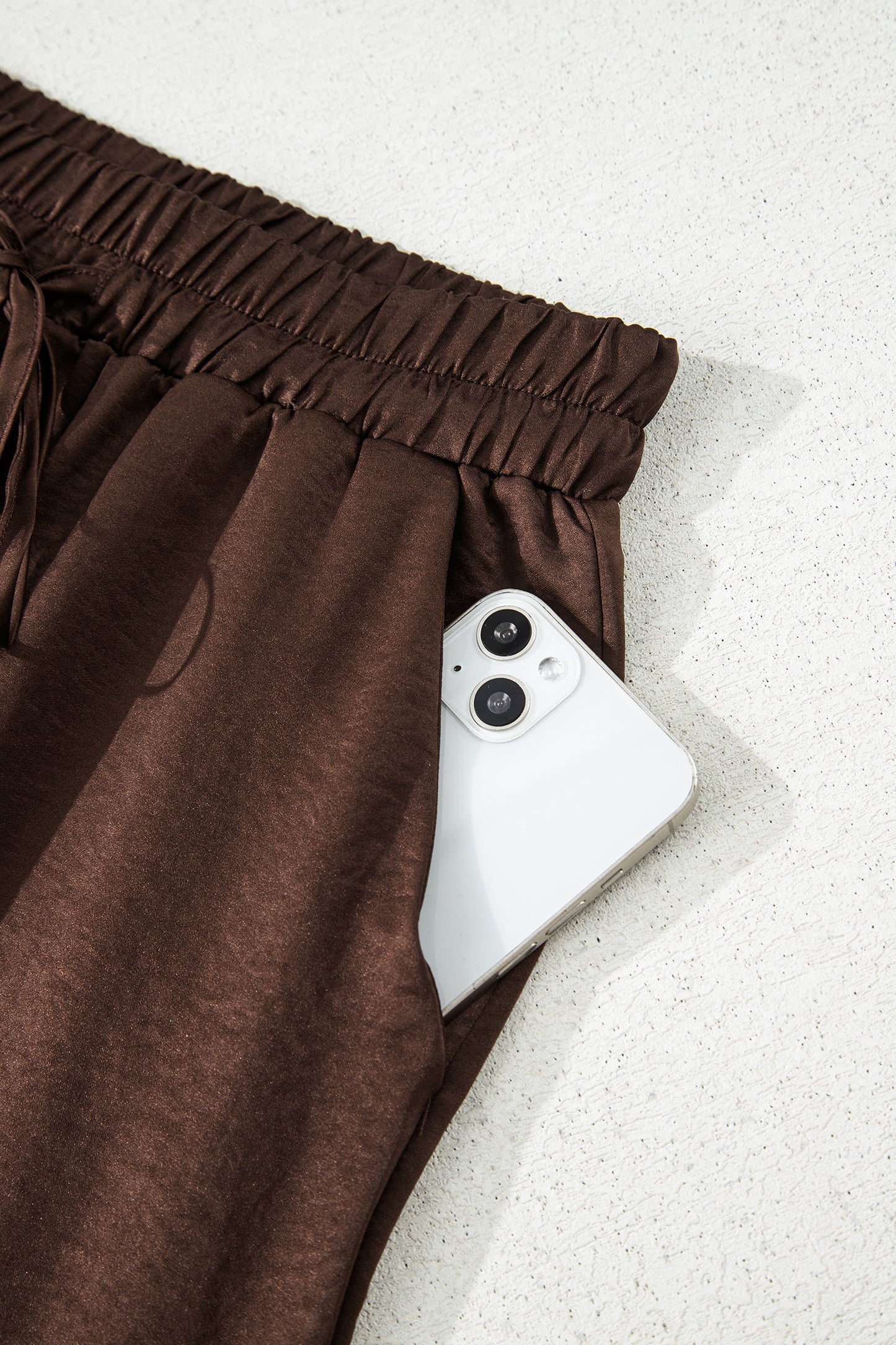 Dark Brown Braided V Neck Long Sleeve Loose Top and Drawstring High Waist Pants 2pcs Outfit