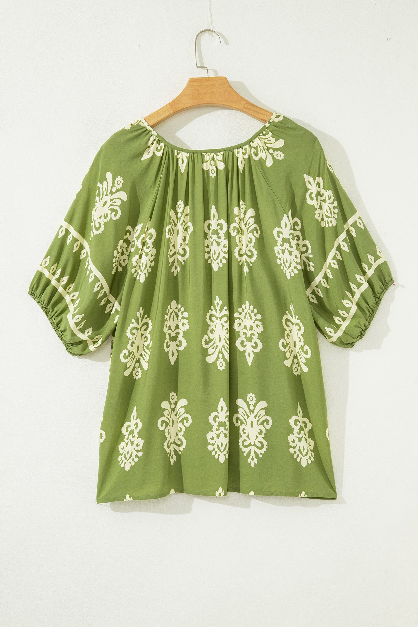 Green Boho Chic Notched V Neck Plus Floral Short Sleeve Top
