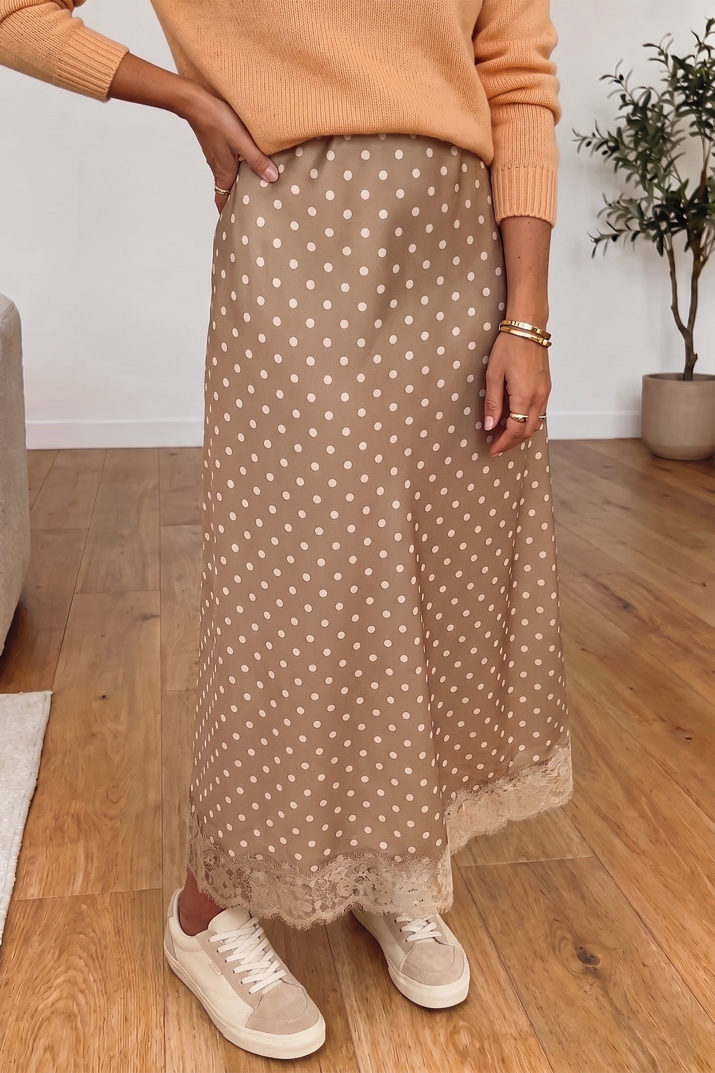 Polka Dot Lace Hem Elegant Long Shift Skirt