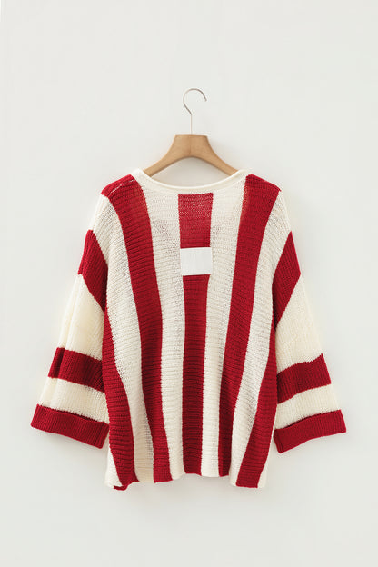 Brown Stripe Colorblock V Neck Bracelet Sleeve Sweater