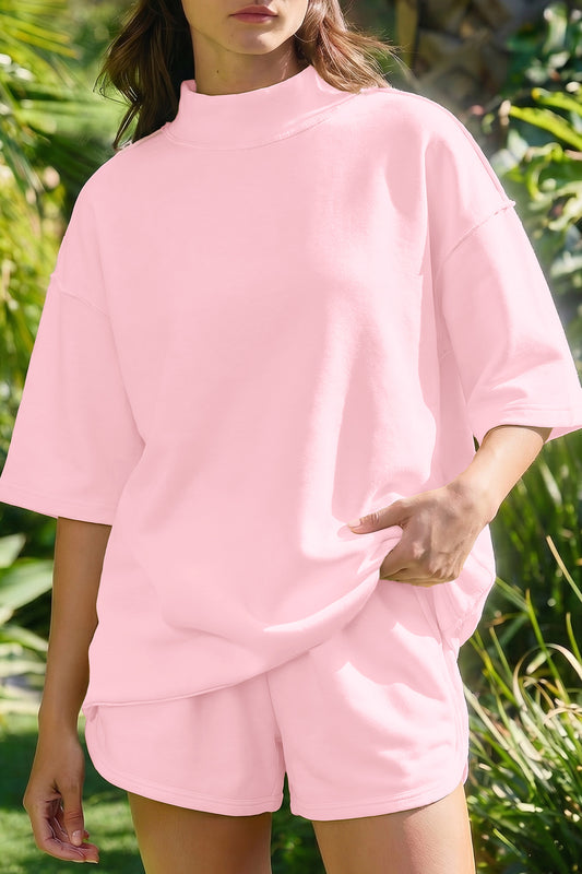 Solid Color Exposed Seam Mock Neck Oversize Tee Casual Shorts 2pcs Outfit