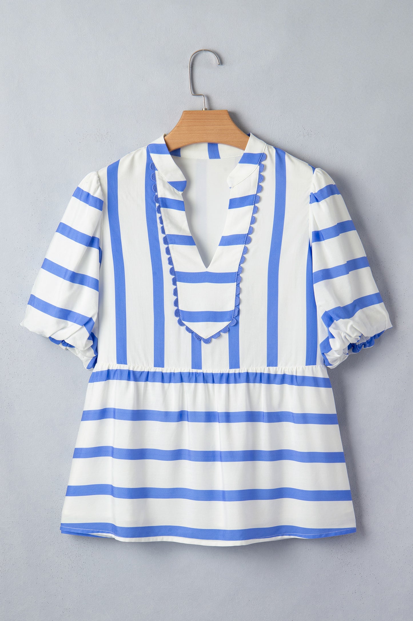 Stripe Split V Neck Puff Sleeve Summer Blouse