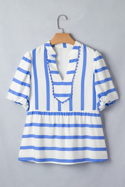 Stripe Split V Neck Puff Sleeve Summer Blouse