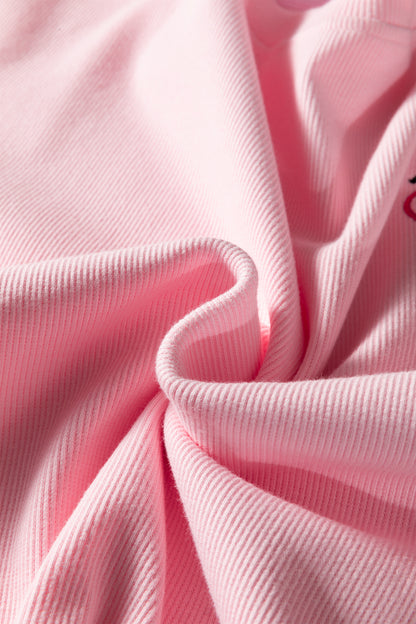 Pink 3d Ribbed XOXO Heart Embroidered Drop Shoulder Sweatshirt