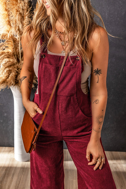 Solid Color Corduroy Wide Leg Bib Overalls