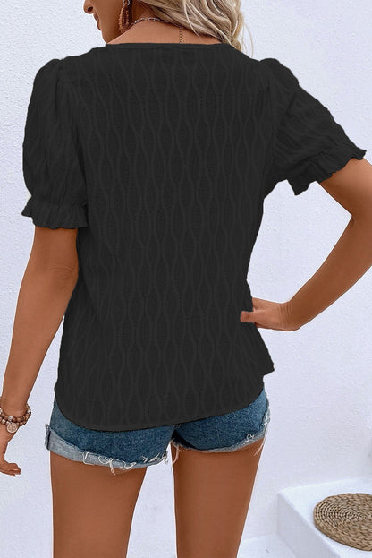 White Solid Color Textured Notched Neck Puff Sleeve Blouse