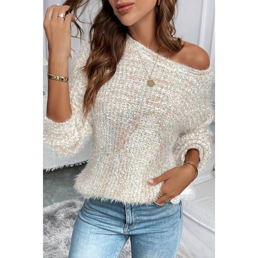 Knit Round Neck Drop Shoulder Back Cutout Sweater