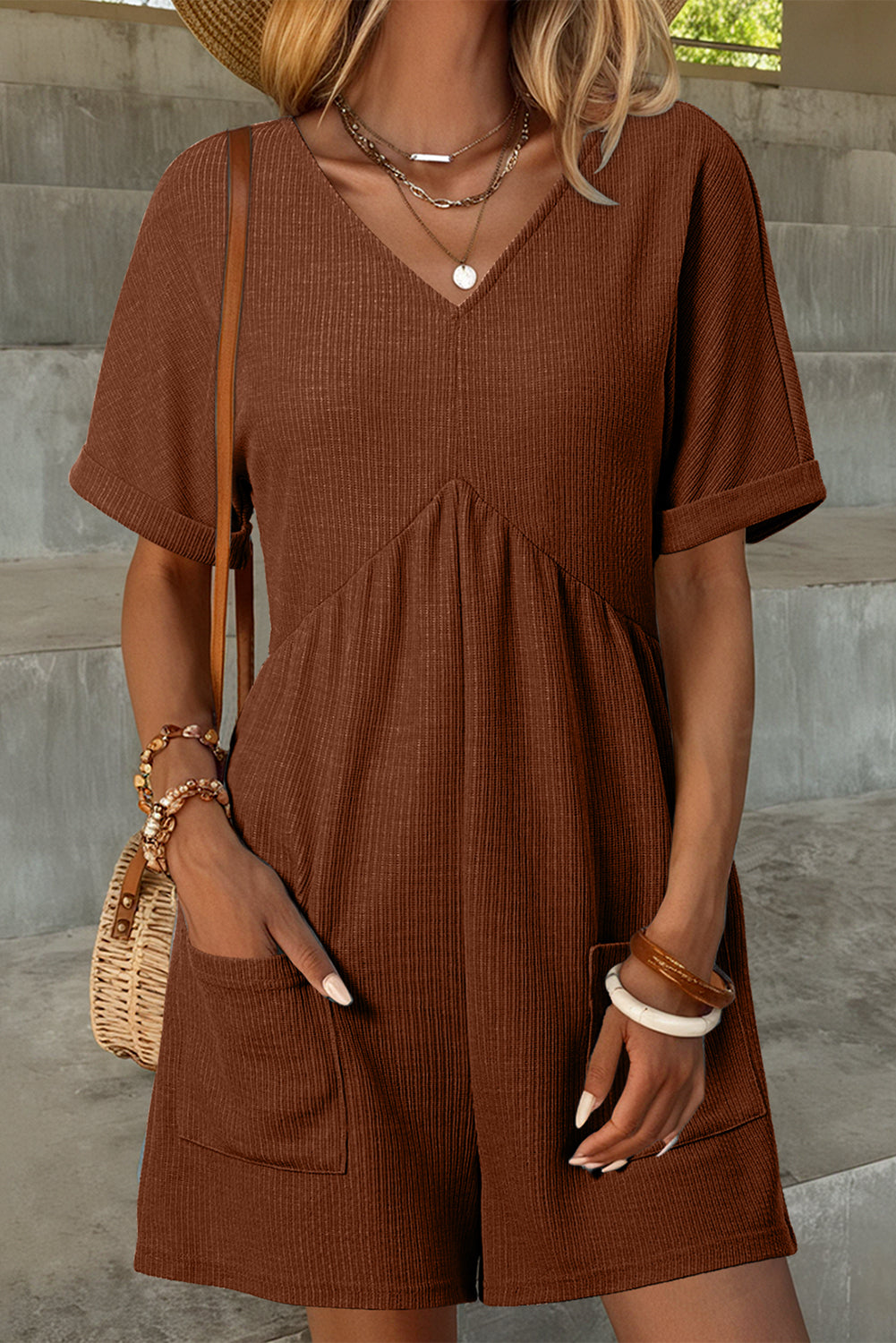 Coffee Solid Color Knit V Neck Zipped Loose Romper