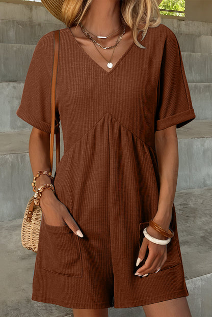 Coffee Solid Color Knit V Neck Zipped Loose Romper