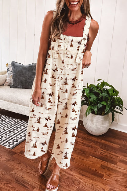 Western Printed Button Adjustable Straps Loose Jumpsuit Dungarees