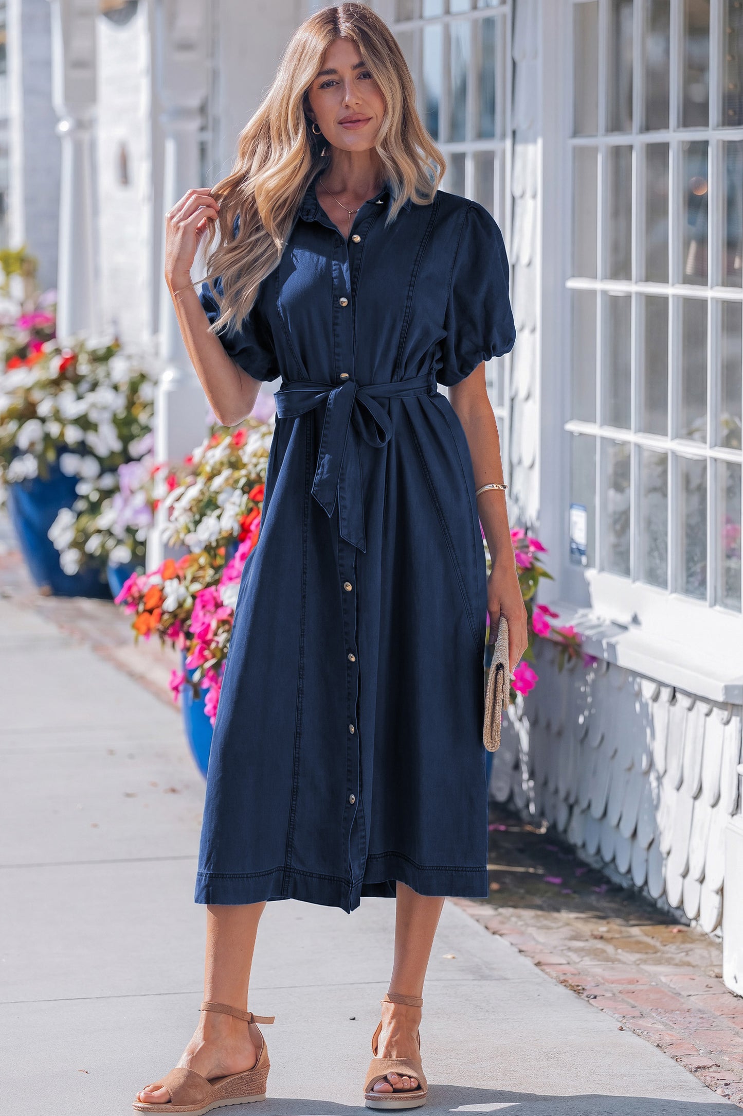 Full Buttons Collared Short Bubble Sleeve Long Denim Dress