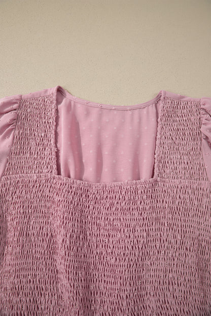 Pink Plus Size Swiss Dot Short Sleeve Smocked High Waist Flowy Midi Dress