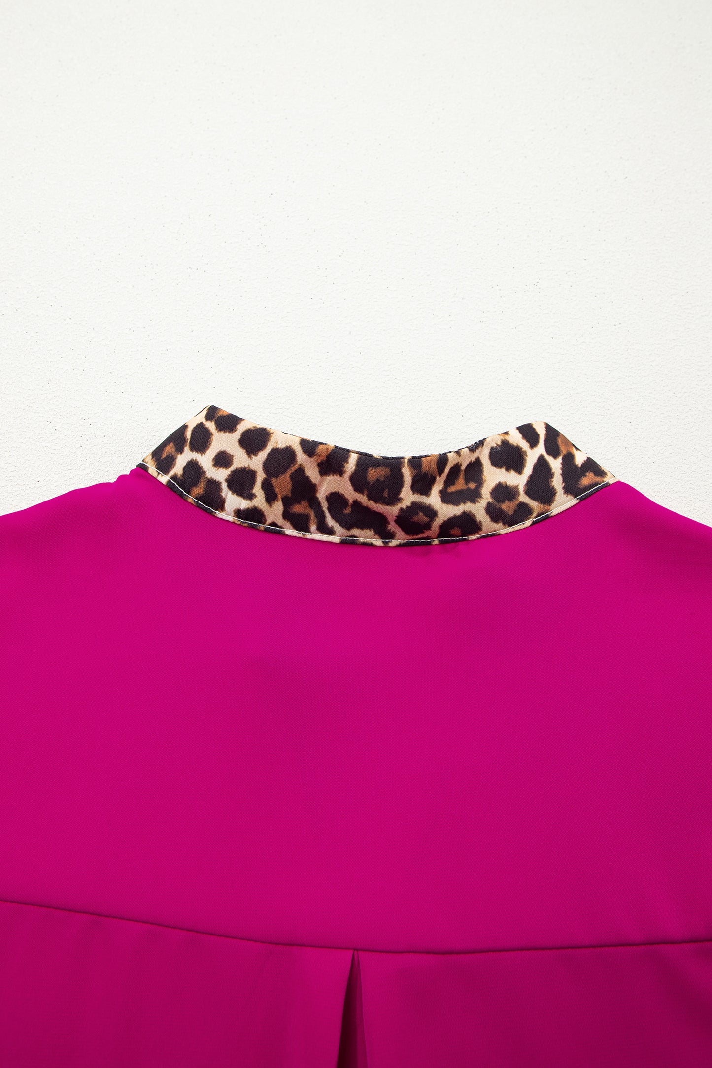 Leopard Patchwork Trim Split Neck Short Sleeve Blouse