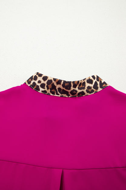 Leopard Patchwork Trim Split Neck Short Sleeve Blouse