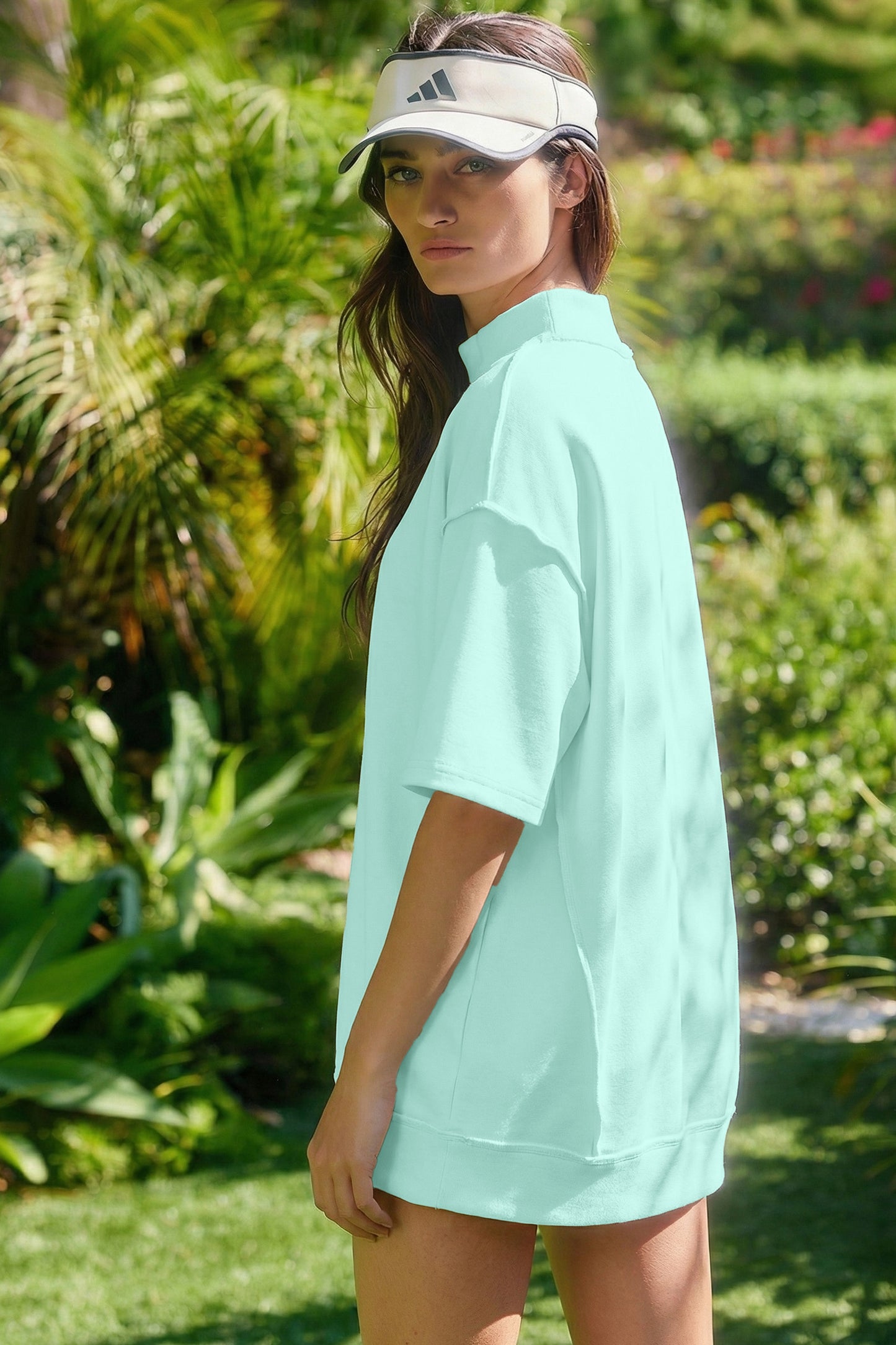 Solid Color Exposed Seam Mock Neck Oversize Tee Casual Shorts 2pcs Outfit