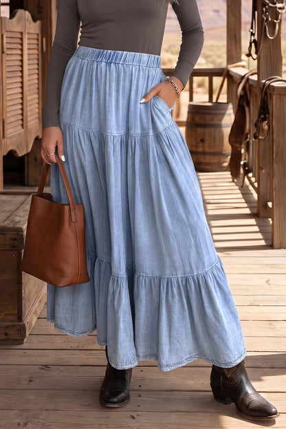 Elastic Waist Ruffled Tiered Flared Denim Maxi Skirt