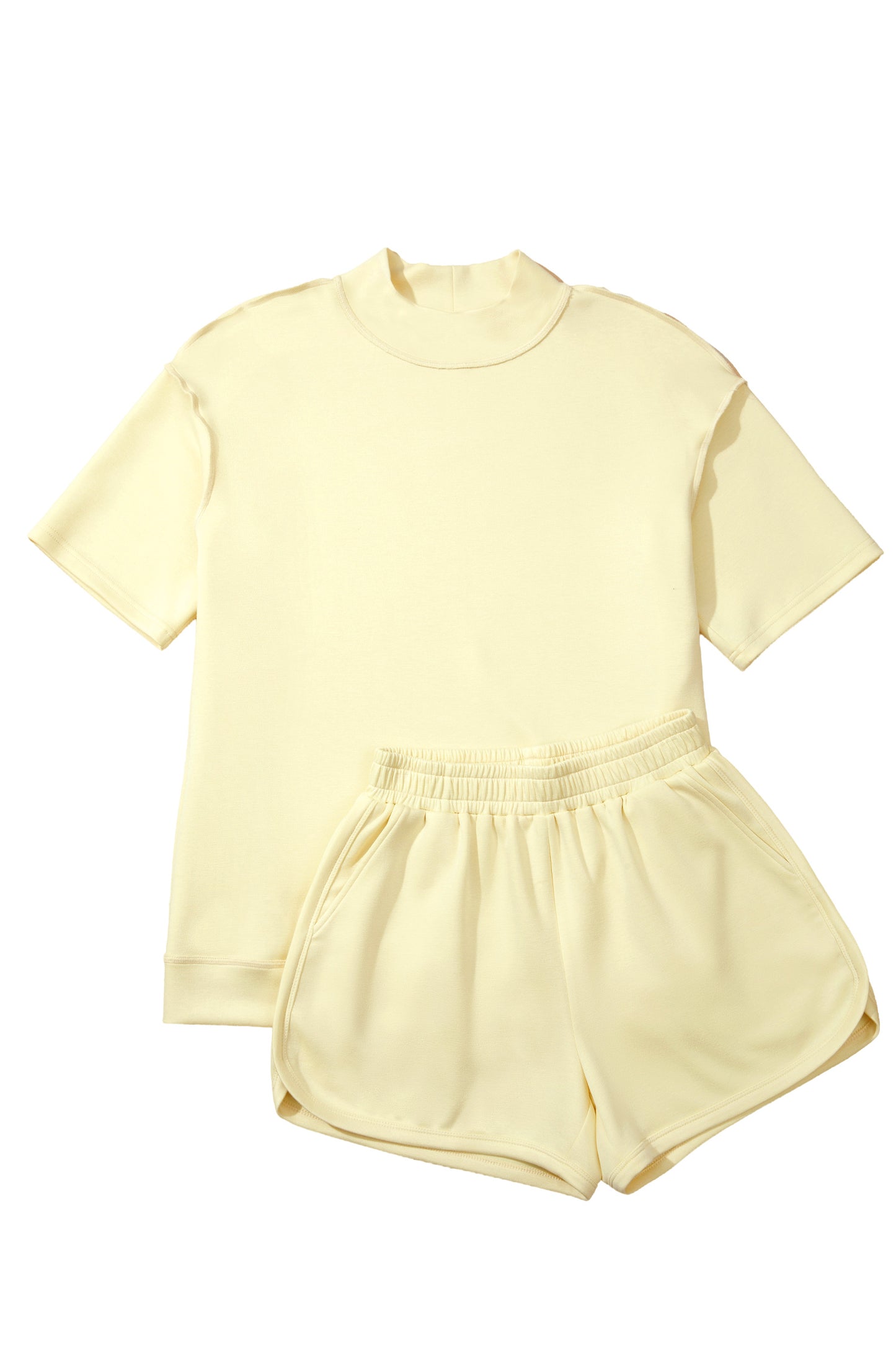 Solid Color Exposed Seam Mock Neck Oversize Tee Casual Shorts 2pcs Outfit