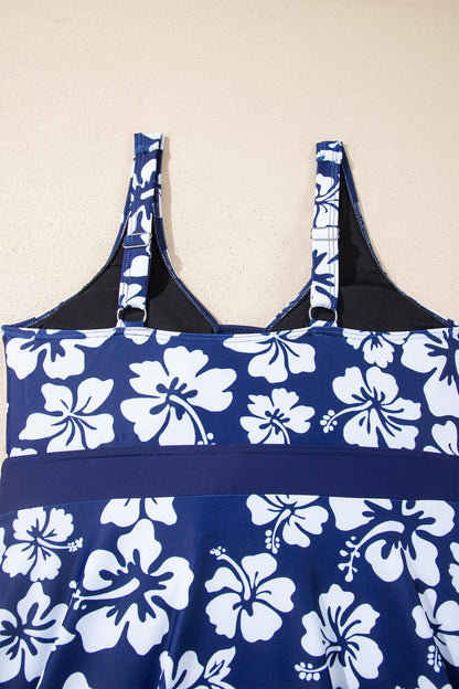 Navy Blue Color Block Patchwork Bow Knot Detail Sleeveless Swim Dress